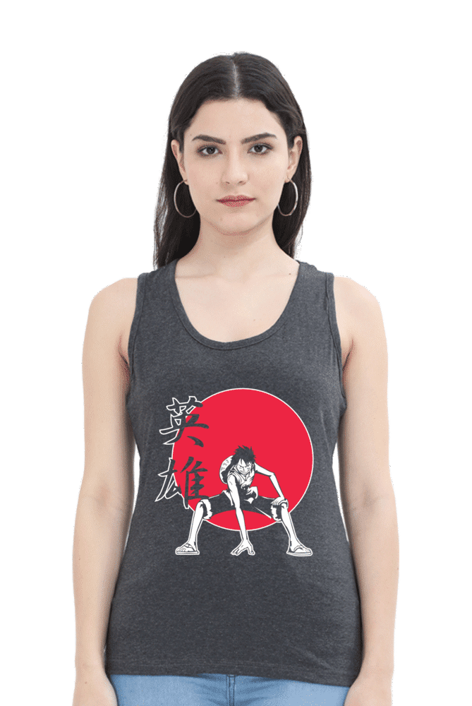 Female model wearing One Piece Luffy Tank Top, showcasing fit