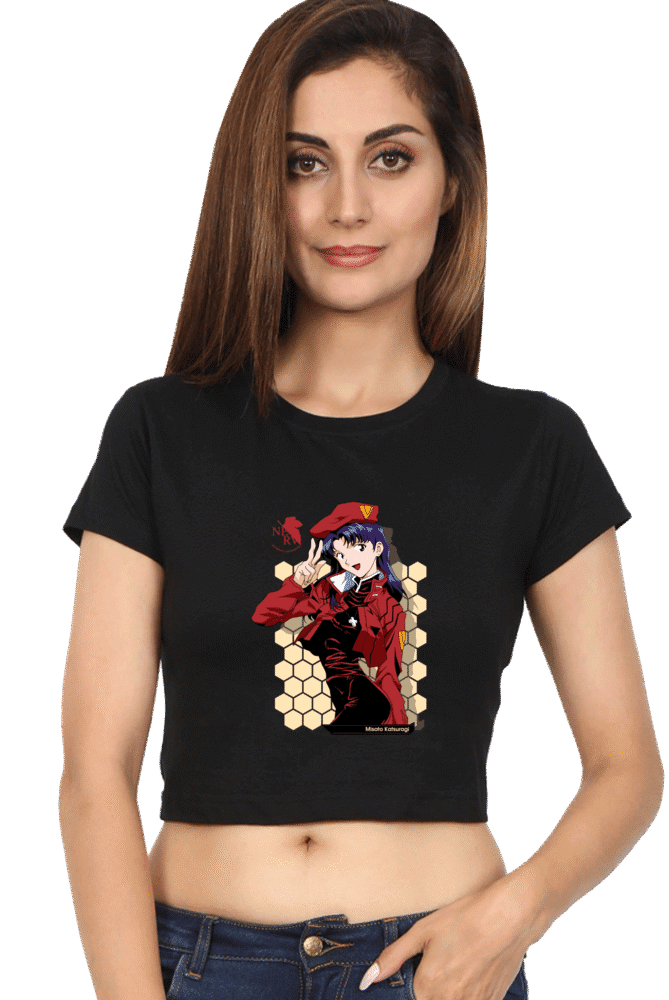 Official Misato Katsuragi Crop Top T-Shirt with peace sign and honeycomb background