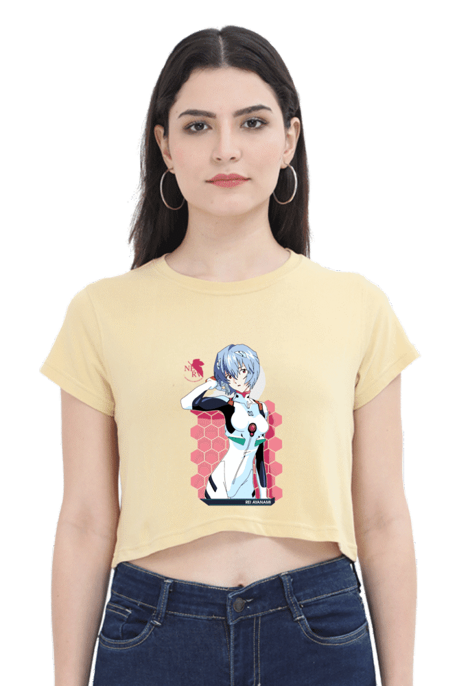 Female model wearing Rei Ayanami Plugsuit Crop Top, showcasing comfortable fit and character graphic