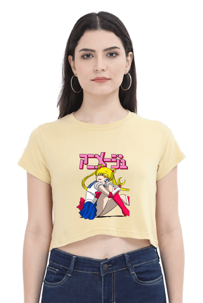 Official Sailor Moon Usagi Crop Top T-Shirt featuring Usagi Tsukino in a sad pose