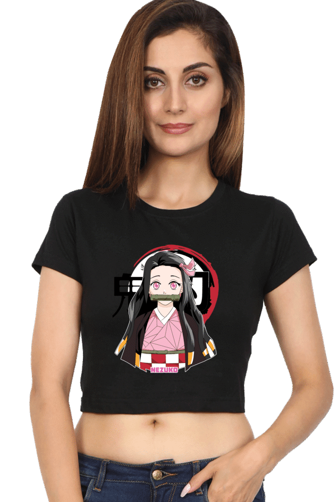 Official Nezuko Crop Top T-Shirt featuring classic Nezuko pose with Japanese text and red circle