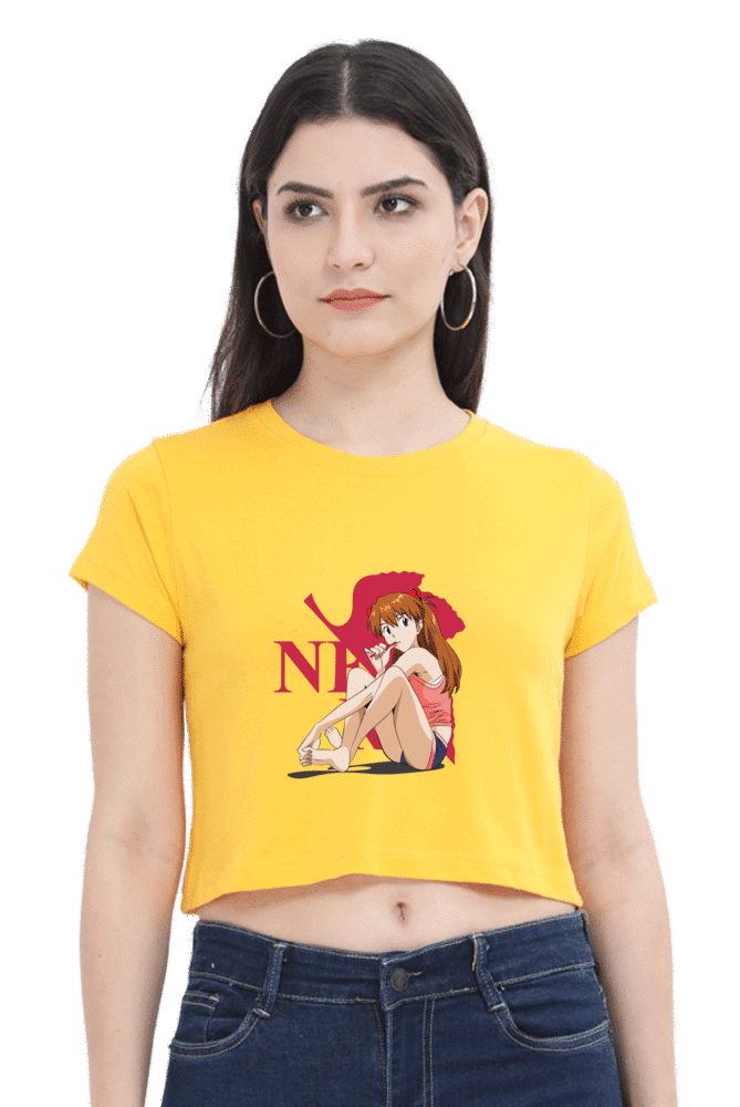 Official Asuka Langley Crop Top T-Shirt with seated pose and NERV logo