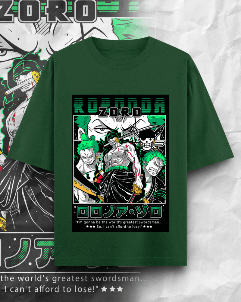 Official One Piece Roronoa Zoro T-Shirt with character panels and quote