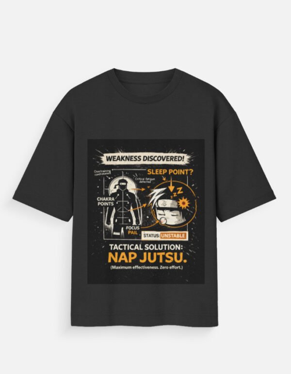 Oversized black t-shirt with a tactical-style humorous graphic focused on rest and relaxation