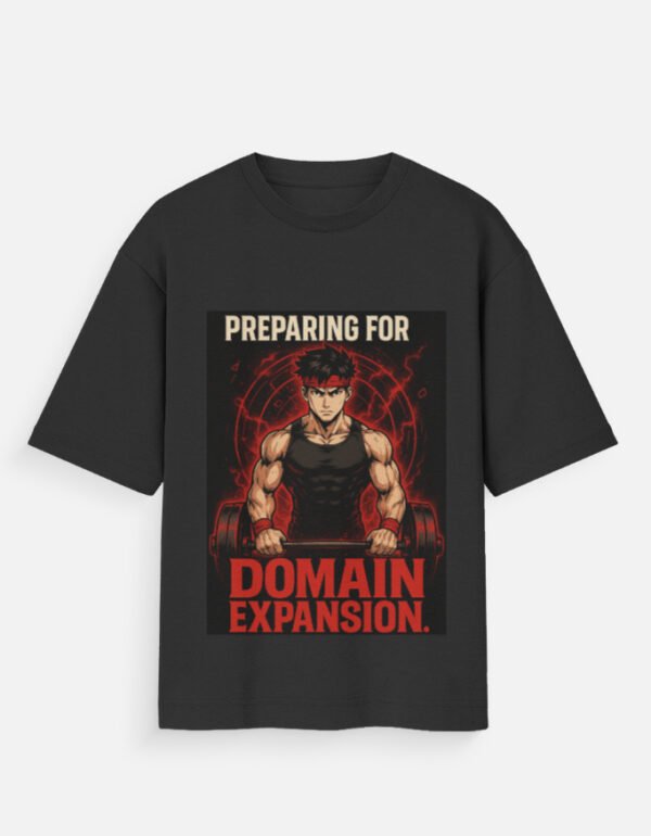 Home Oversized black t-shirt with a muscular training-inspired graphic and bold red energy design