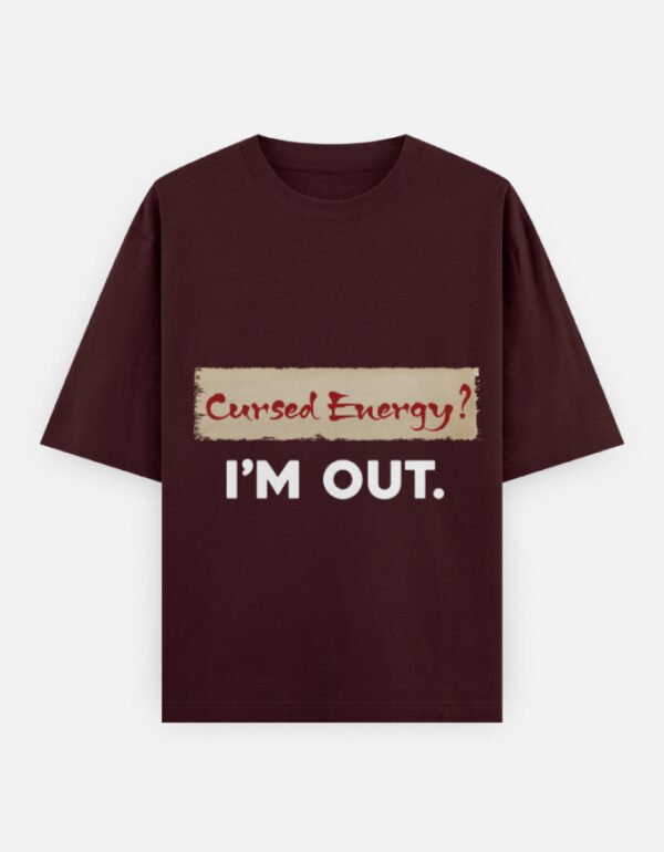 Oversized maroon t-shirt with bold statement text design and minimal typography