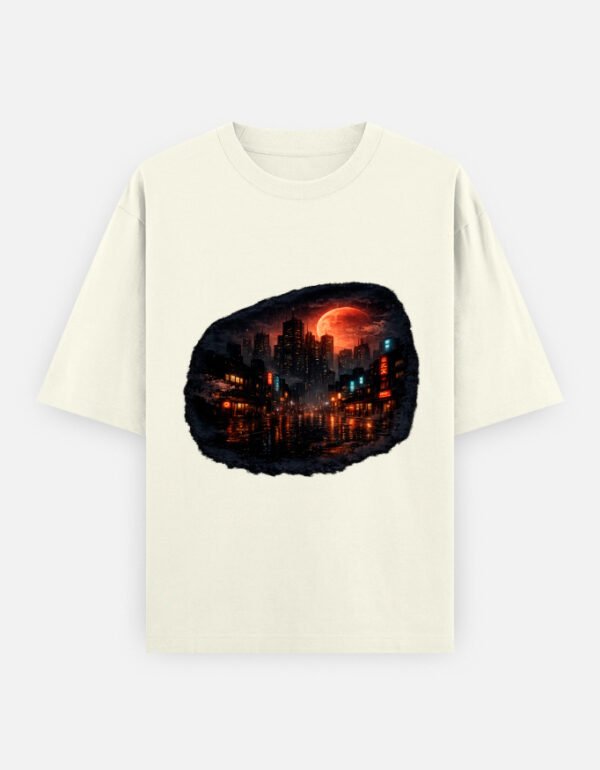 Home Red Moon Tokyo Oversized Anime Street Tee Futuristic Neon City Design